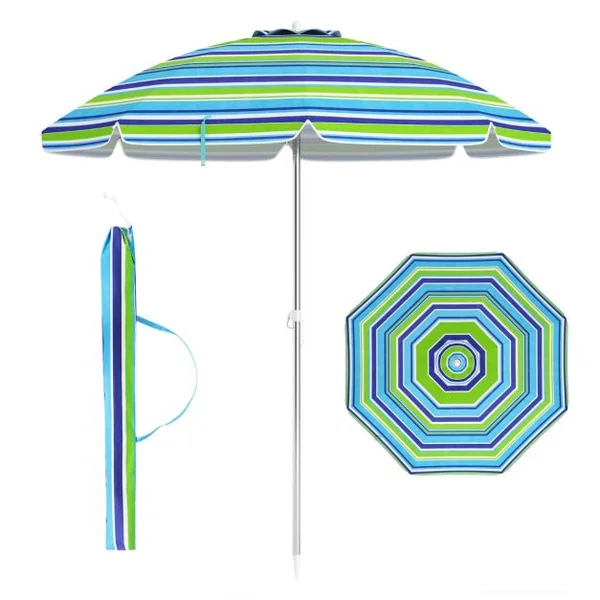 Parasol de Plage de 198 cm avec Bouton Poussoir Inclinable Ancrage pour Sable Sac de Transport Abri Solaire Coupe-Vent Vert