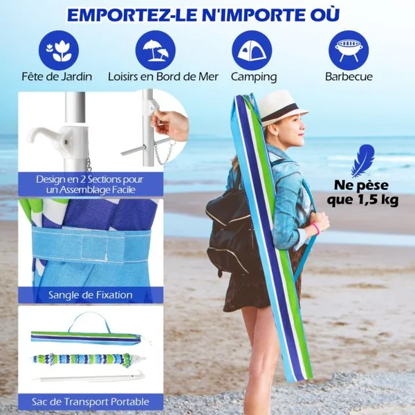 Parasol de Plage de 198 cm avec Bouton Poussoir Inclinable Ancrage pour Sable Sac de Transport Abri Solaire Coupe-Vent Vert