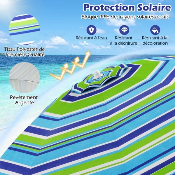 Parasol de Plage de 198 cm avec Bouton Poussoir Inclinable Ancrage pour Sable Sac de Transport Abri Solaire Coupe-Vent Vert