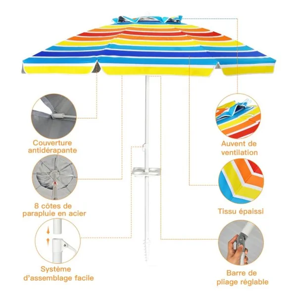 Parasol de Plage Inclinable 2,2 M avec Porte-Gobelet et Protection Solaire UPF50 + Parasol Portable Bleu/Multicolore/Bleu Foncé