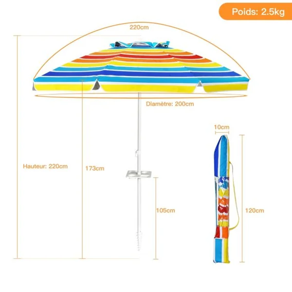 Parasol de Plage Inclinable 2,2 M avec Porte-Gobelet et Protection Solaire UPF50 + Parasol Portable Bleu/Multicolore/Bleu Foncé
