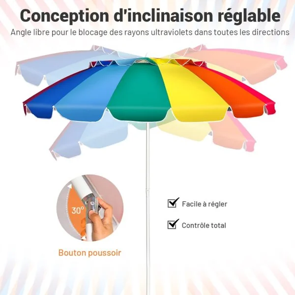 Parasol de Plage Inclinable 2,45 M Protection UPF 50+ Baleines en Fibre de Verre avec Sac Pied Amovible Bleu et Violet/Multicolore/Bleu