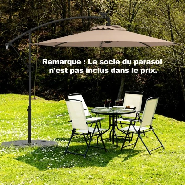 Parasol Déporté 3M avec 24 Lumières LED Solaires Rotatif 360° Angle Réglage Base Croisée Manivelle Poteau en Aluminium 8 Couleurs au Choix