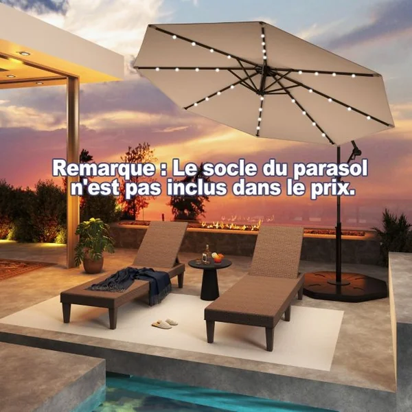 Parasol Déporté 3M avec 24 Lumières LED Solaires Rotatif 360° Angle Réglage Base Croisée Manivelle Poteau en Aluminium 8 Couleurs au Choix