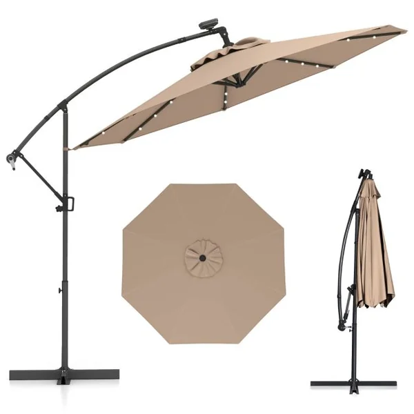 Parasol Déporté 3M avec 24 Lumières LED Solaires Rotatif 360° Angle Réglage Base Croisée Manivelle Poteau en Aluminium 8 Couleurs au Choix