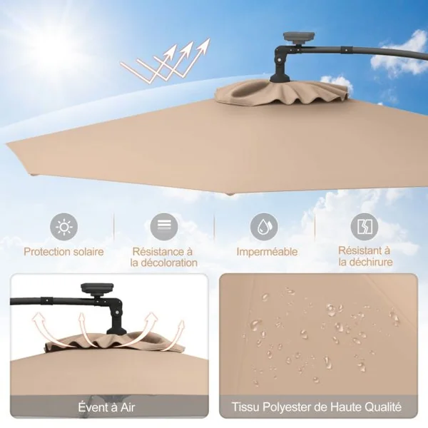 Parasol Déporté 3M avec 24 Lumières LED Solaires Rotatif 360° Angle Réglage Base Croisée Manivelle Poteau en Aluminium 8 Couleurs au Choix