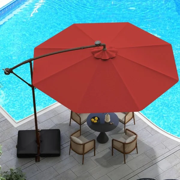 Parasol Déporté avec 32 Lumières LED Panneau Solaire Batterie Rouge