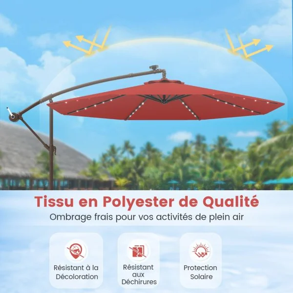 Parasol Déporté avec 32 Lumières LED Panneau Solaire Batterie Rouge
