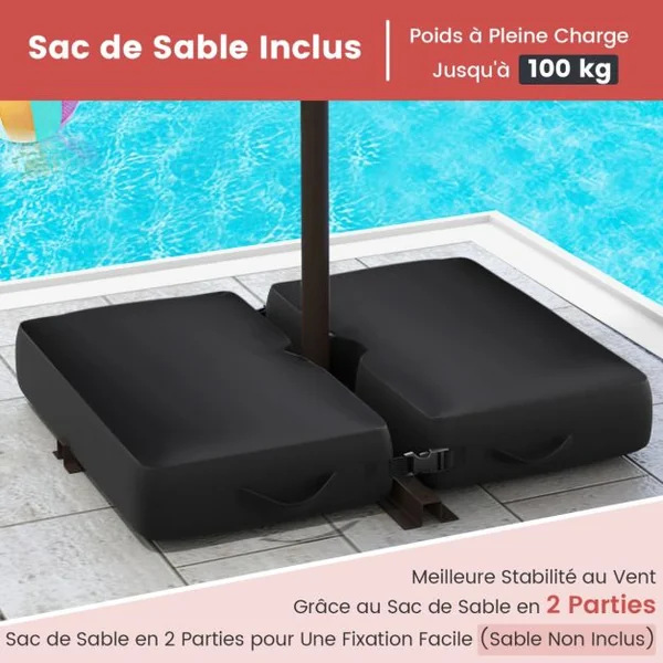 Parasol Déporté avec 32 Lumières LED Panneau Solaire Batterie Rouge