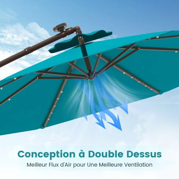 Parasol Déporté de 3 m avec 32 Lumières LED Panneau Solaire Batterie Sac de Sable Auvent Imperméable Parasol pour Jardin Piscine Patio Vert