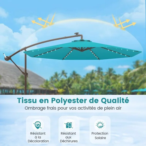 Parasol Déporté de 3 m avec 32 Lumières LED Panneau Solaire Batterie Sac de Sable Auvent Imperméable Parasol pour Jardin Piscine Patio Vert