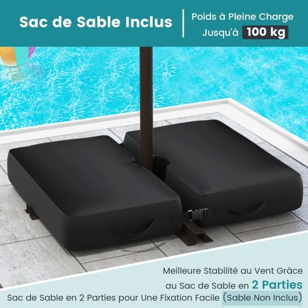 Parasol Déporté de 3 m avec 32 Lumières LED Panneau Solaire Batterie Sac de Sable Auvent Imperméable Parasol pour Jardin Piscine Patio Vert
