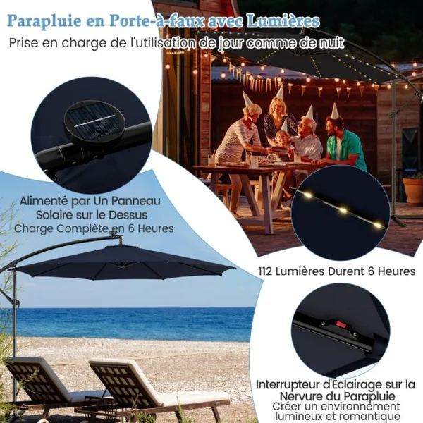 Parasol Déporté Inclinable 3M avec 112 Lumières LED avec Panneau Solaire Base Croisée Manivelle Verrou de Sécurité Bleu