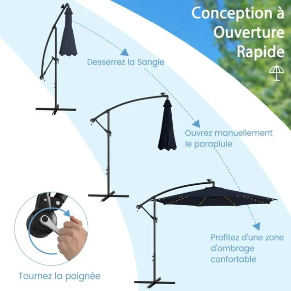 Parasol Déporté Inclinable 3M avec 112 Lumières LED avec Panneau Solaire Base Croisée Manivelle Verrou de Sécurité Bleu
