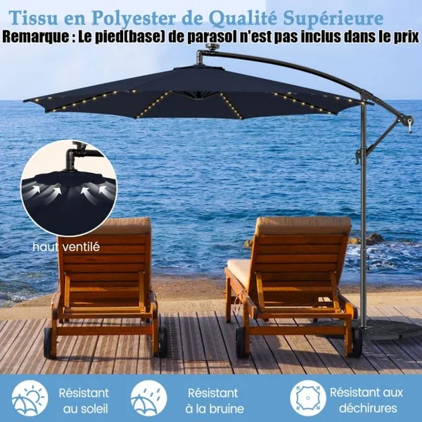 Parasol Déporté Inclinable 3M avec 112 Lumières LED avec Panneau Solaire Base Croisée Manivelle Verrou de Sécurité Bleu