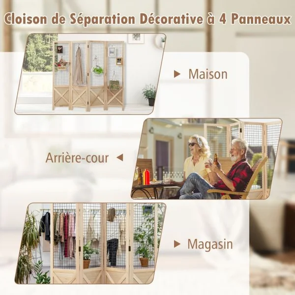 Paravent Grillagé à 4 Panneaux Pliable Séparateur de Pièce Décoratif en Bois Séparateur de Pièce Autoportant et Portable Naturel