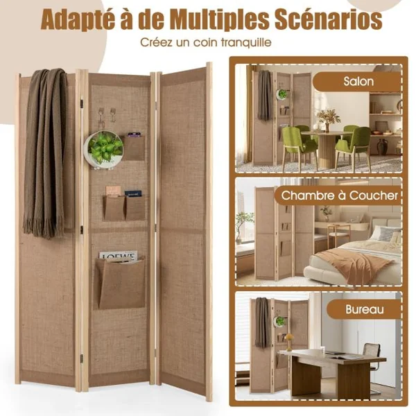 Paravent à 4 Panneaux en Lin Synthétique avec Sacs de Rangement Écran de Confidentialité Pliable avec Crochets Séparateur Autonome Beige