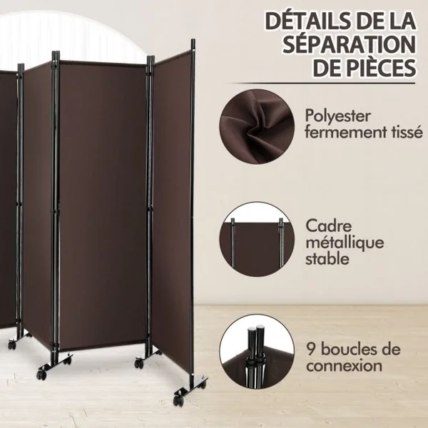 Paravent à Roulettes 4 Panneaux Pliable Brise-vue Cloison de Séparation Pièce sur Pied Protéger Privée 225 x 30 x 173 CM 4 Couleurs au Choix