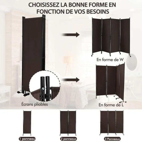 Paravent à Roulettes 4 Panneaux Pliable Brise-vue Cloison de Séparation Pièce sur Pied Protéger Privée 225 x 30 x 173 CM 4 Couleurs au Choix