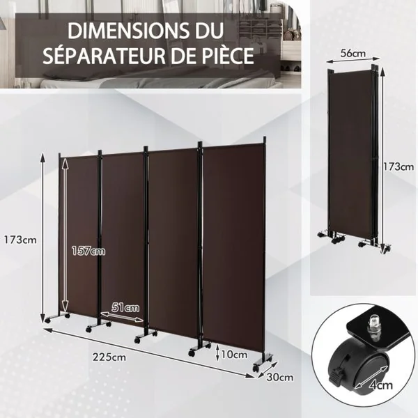 Paravent à Roulettes 4 Panneaux Pliable Brise-vue Cloison de Séparation Pièce sur Pied Protéger Privée 225 x 30 x 173 CM 4 Couleurs au Choix