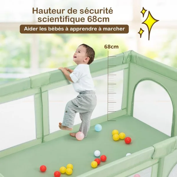 Parc Bébé à 3 Ans 205x147x68,5CM en PP Non-toxique 50 Balles Colorées 4 Ventouses en Caoutchouc Intérieur et Extérieur Gris/Vert/Gris Clair