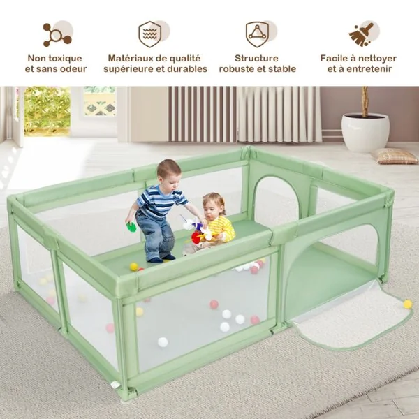 Parc Bébé à 3 Ans 205x147x68,5CM en PP Non-toxique 50 Balles Colorées 4 Ventouses en Caoutchouc Intérieur et Extérieur Gris/Vert/Gris Clair