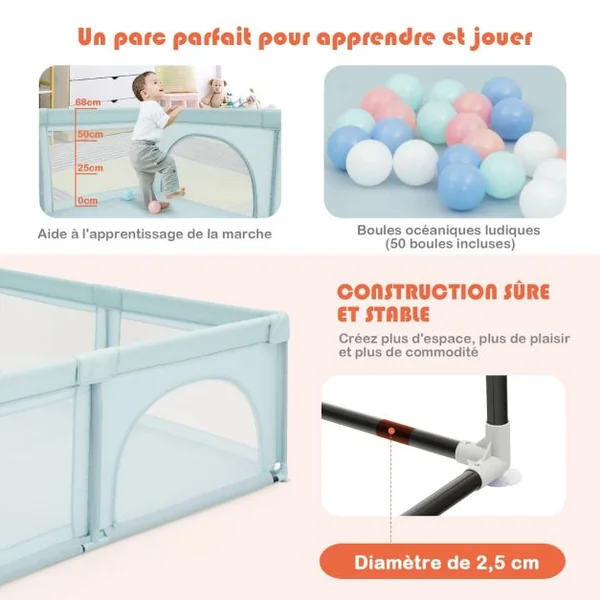 Parc de Jeu pour Bébé Géant avec 50 x balles Porte à Zip Pieds avec Ventouses 206 x 185,5 x 68 CM Gris/Bleu/Gris Foncé
