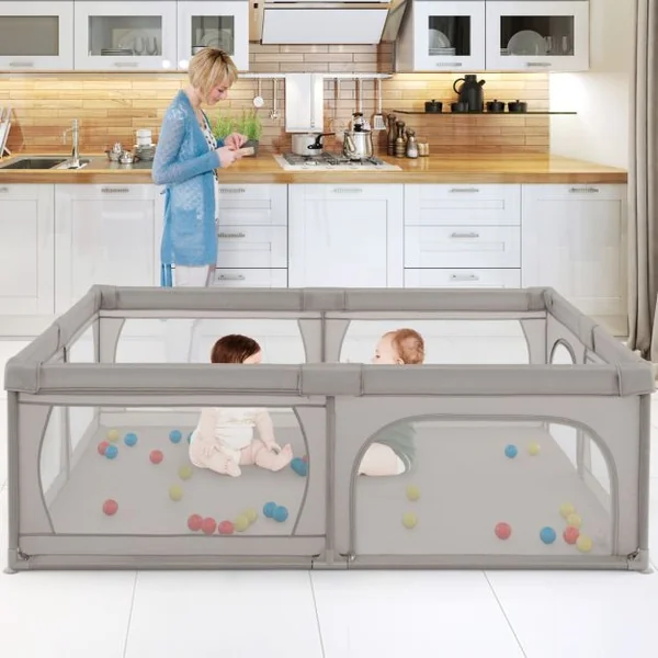 Parc pour Bébé Clôture pour Tout-petits avec Tapis Maille Respirante Sac de Rangement Ventouses Porte à Fermeture éclair 50 Balles 206×147×68,5cm Gris