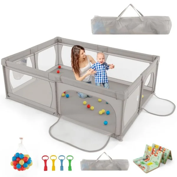 Parc pour Bébé Clôture pour Tout-petits avec Tapis Maille Respirante Sac de Rangement Ventouses Porte à Fermeture éclair 50 Balles 206×147×68,5cm Gris