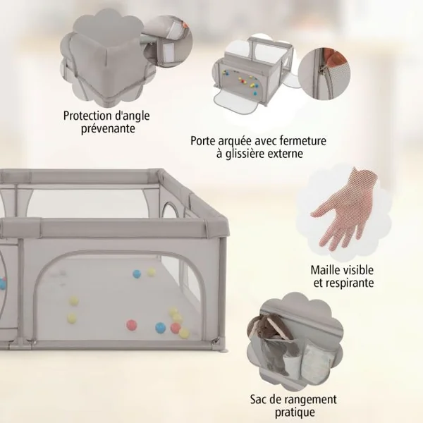 Parc pour Bébé Clôture pour Tout-petits avec Tapis Maille Respirante Sac de Rangement Ventouses Porte à Fermeture éclair 50 Balles 206×147×68,5cm Gris