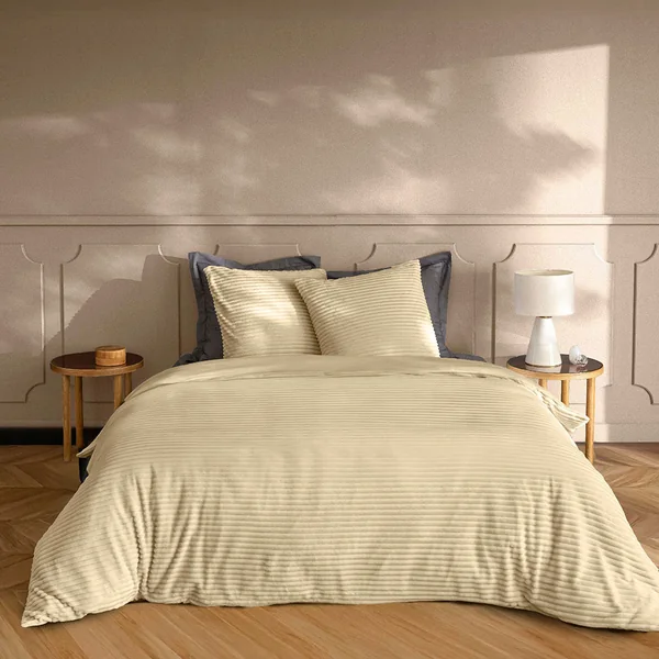 Parure housse de couette flanelle VELOUTEA sable 220x240cm