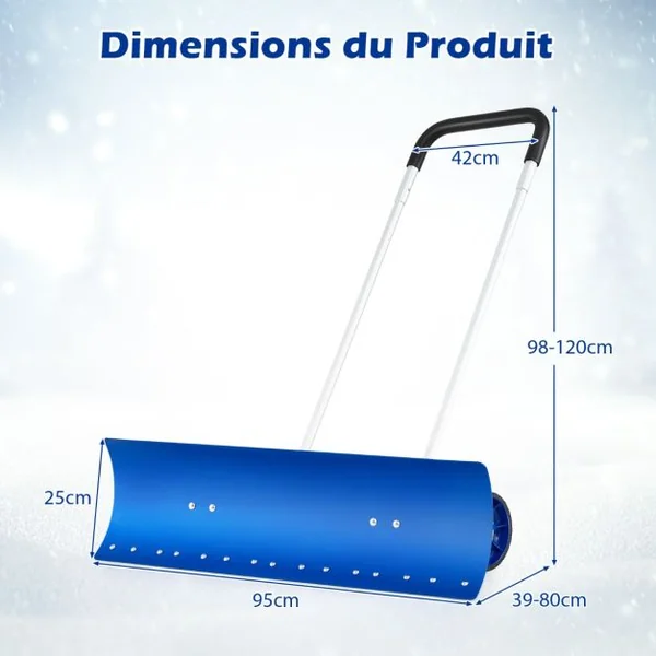 Pelle à Neige en Aluminium de 95cm avec Roues Poussoir à Neige avec Lame Réversible et Coudée Bidirectionnelle Matériau Aluminium Bleu