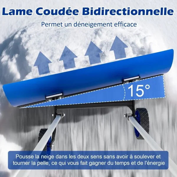 Pelle à Neige en Aluminium de 95cm avec Roues Poussoir à Neige avec Lame Réversible et Coudée Bidirectionnelle Matériau Aluminium Bleu