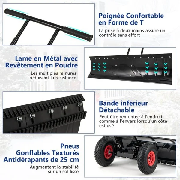 Pelle à Neige en Métal de 91,5 cm avec Roues Pelle Déneigement avec Poignée Réglable en Hauteur et en Angle Noir