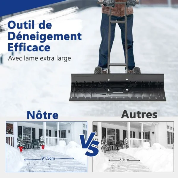 Pelle à Neige en Métal de 91,5 cm avec Roues Pelle Déneigement avec Poignée Réglable en Hauteur et en Angle Noir