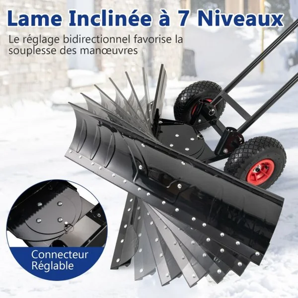 Pelle à Neige en Métal de 91,5 cm avec Roues Pelle Déneigement avec Poignée Réglable en Hauteur et en Angle Noir