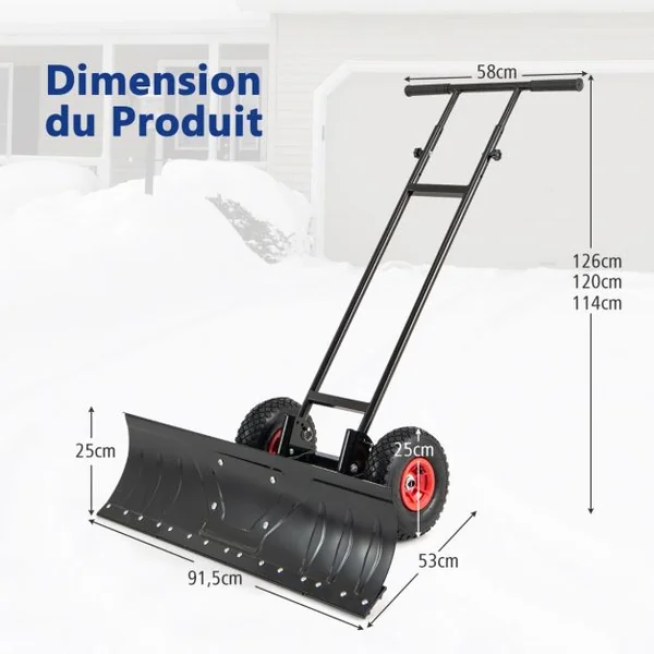 Pelle à Neige en Métal de 91,5 cm avec Roues Pelle Déneigement avec Poignée Réglable en Hauteur et en Angle Noir