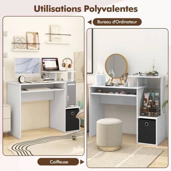 Petit Bureau d'Ordinateur avec Rangement Bureau à Domicile avec Plateau pour Clavier et Tiroir en Tissu Amovible Bureau d'Écriture Blanc