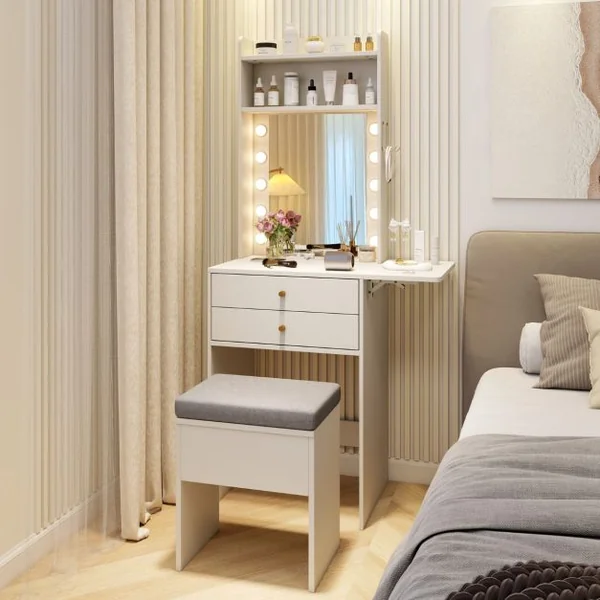 Petite Coiffeuse avec Miroir et Lumières Ensemble de Table de Maquillage avec Station de Charge Tabouret de Rangement Tiroirs Étagères Blanc