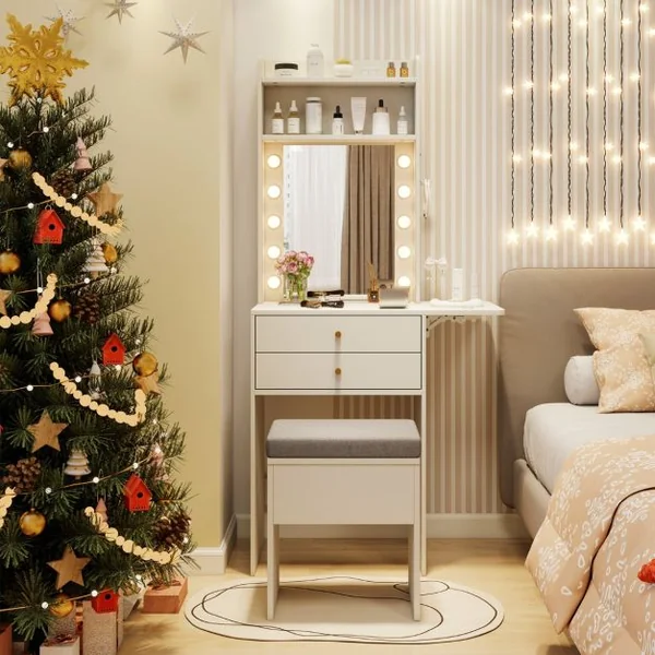 Petite Coiffeuse avec Miroir et Lumières Ensemble de Table de Maquillage avec Station de Charge Tabouret de Rangement Tiroirs Étagères Blanc