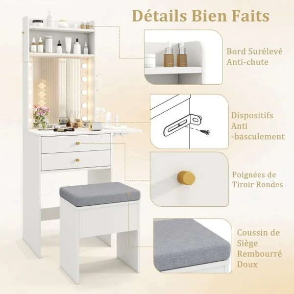 Petite Coiffeuse avec Miroir et Lumières Ensemble de Table de Maquillage avec Station de Charge Tabouret de Rangement Tiroirs Étagères Blanc