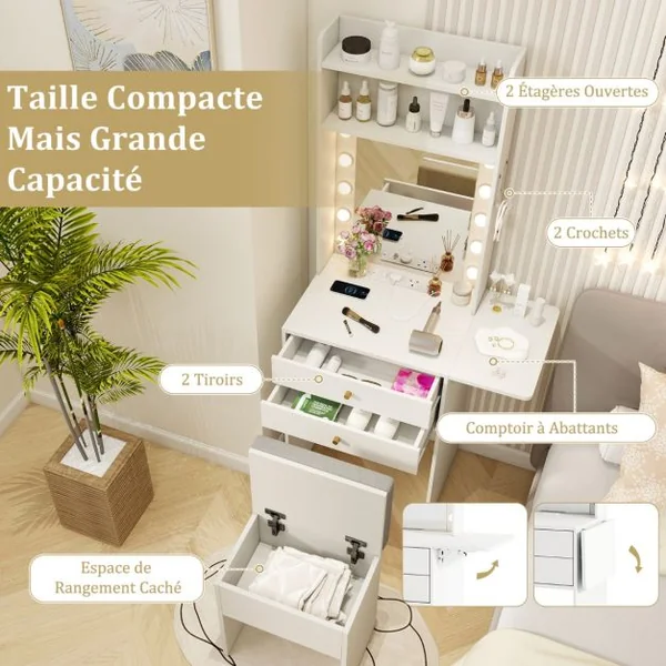 Petite Coiffeuse avec Miroir et Lumières Ensemble de Table de Maquillage avec Station de Charge Tabouret de Rangement Tiroirs Étagères Blanc