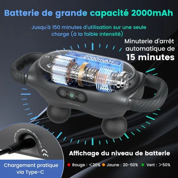 Pistolet à Fascia avec 3 Têtes de Massage Commutables Appareil de Massage avec Fonction de Massage en Profondeur 3 Modes 3 Intensités 15 Min