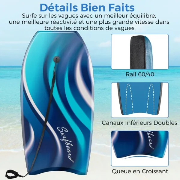 Planche de Bodyboard 41” en XPE et HDPE avec Queue en Croissant Planche de Surf avec Double Canal et Longe pour Poignet Charge 59-91KG