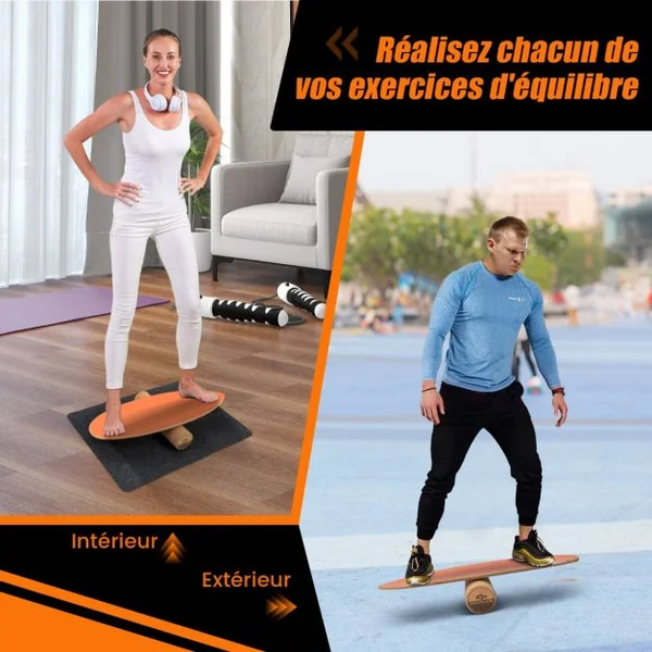 Planche d’Entraînement pour l’Équilibre avec Rouleau et Tapis Antidérapant pour Skateboard Hockey Snowboard 8 Couleurs au Choix