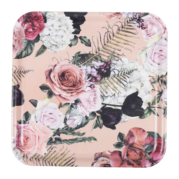 Plateau carré mélamine floral rose 33x33cm