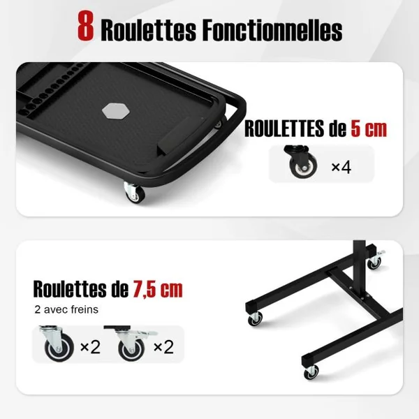 Plateau à Outils Roulant 2 en 1 Table de Travail Réglable en Hauteur Plateau Amovible Chariot à Outils Roulant Capacité 60 kg Noir