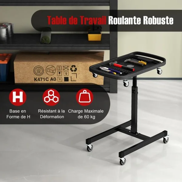 Plateau à Outils Roulant 2 en 1 Table de Travail Réglable en Hauteur Plateau Amovible Chariot à Outils Roulant Capacité 60 kg Noir
