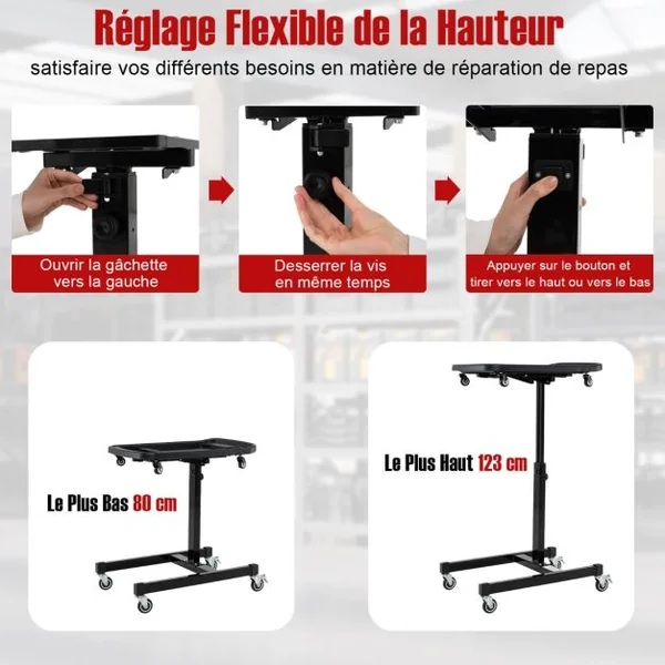 Plateau à Outils Roulant 2 en 1 Table de Travail Réglable en Hauteur Plateau Amovible Chariot à Outils Roulant Capacité 60 kg Noir