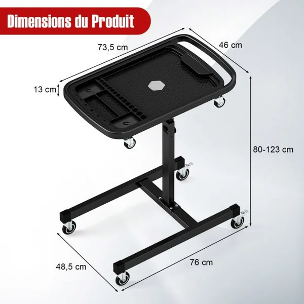 Plateau à Outils Roulant 2 en 1 Table de Travail Réglable en Hauteur Plateau Amovible Chariot à Outils Roulant Capacité 60 kg Noir